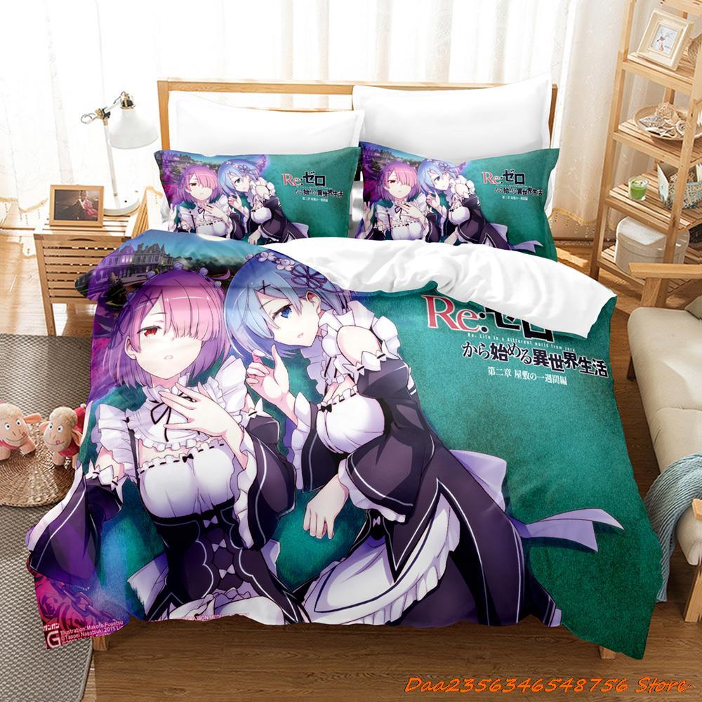 Re Zero Рем Рам Комплект постельного белья Мультяшный Аниме Трехсекционный Комплект Взрослый Детская Спальня Комплекты с Пододеяльником 3D Кавайная Девочка Комплект на Двуспальную Кровать