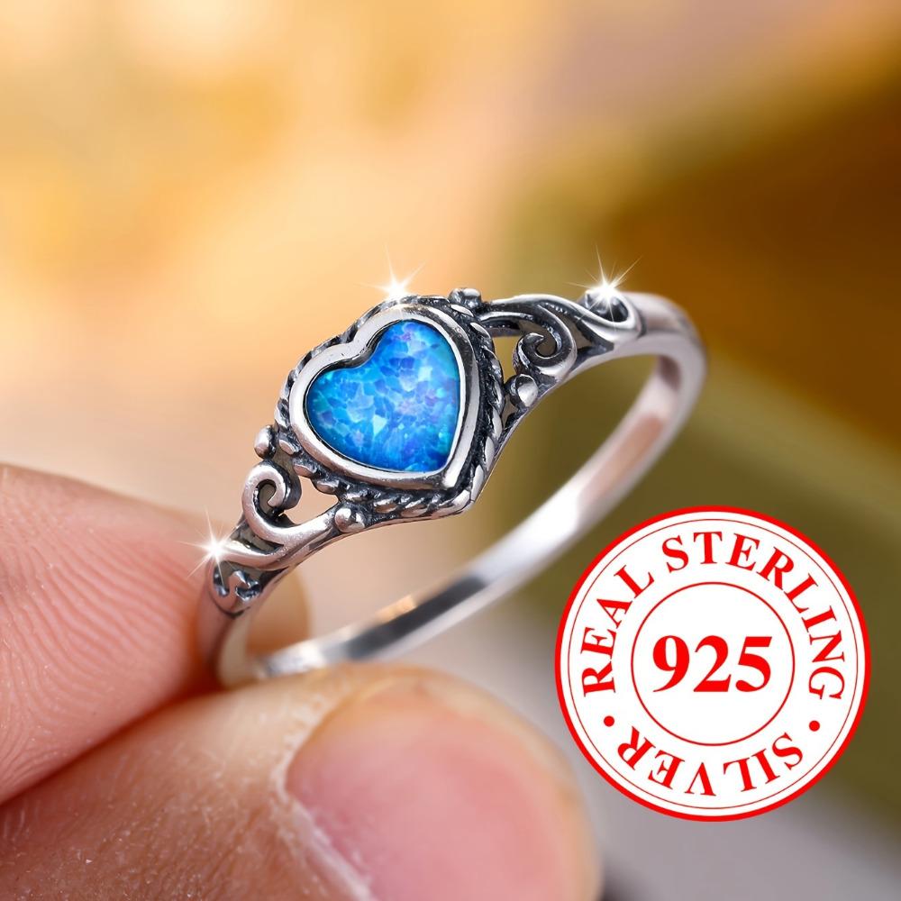 S925 Sterling Silver Heart-shaped Blue Opal Ring for Women Simple Wedding Engagement Jewellery Gift