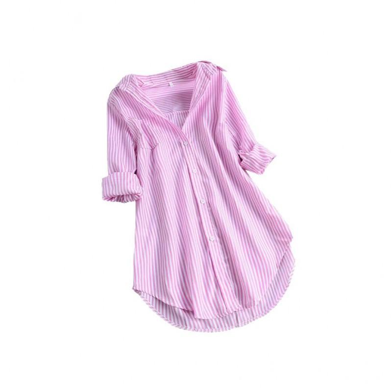 Plus Size Womens Striped Long Sleeve Shirt Loose Fit Turn Down Collar Blouse
