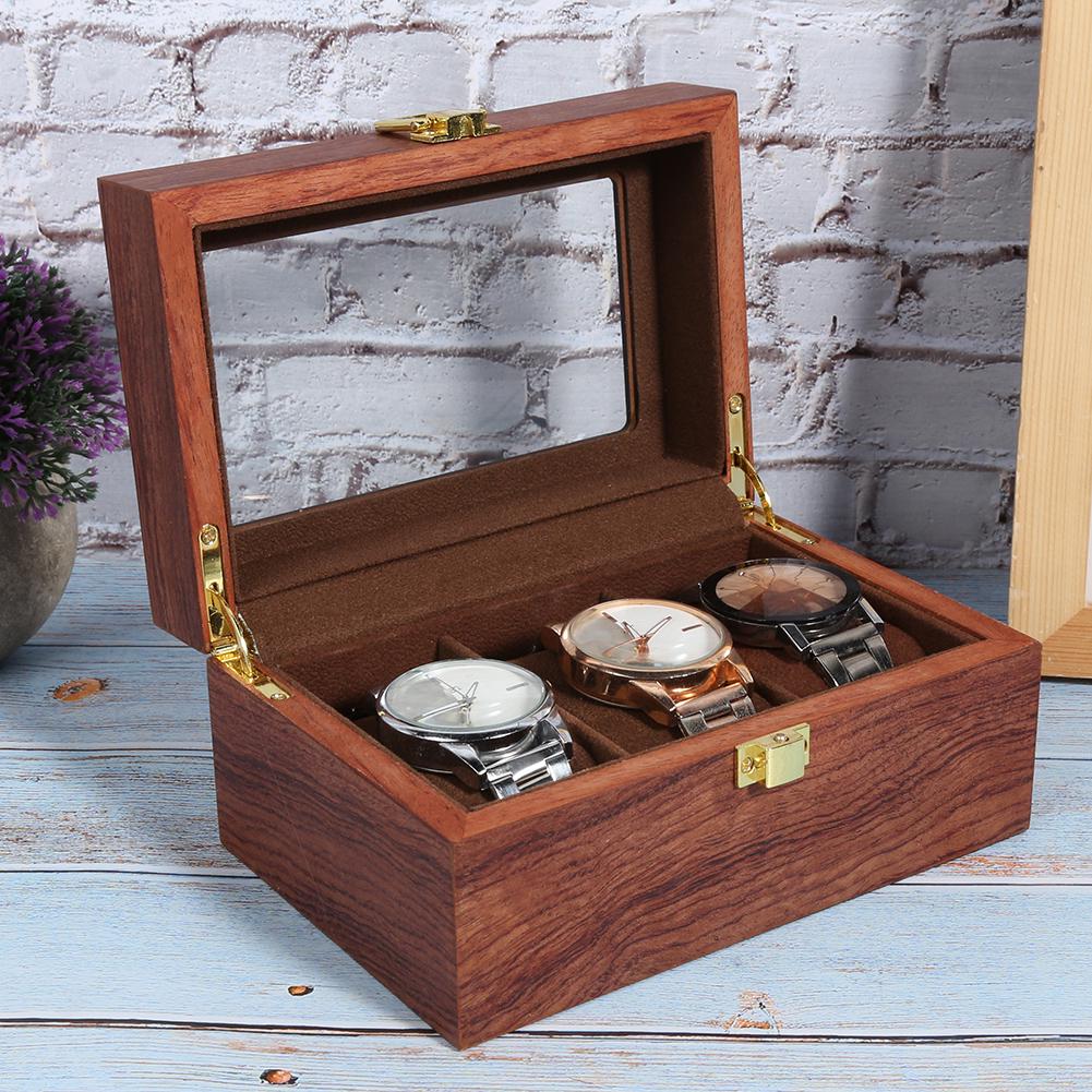 Wooden 3 Grid Watch Display Box Transparent Window Anti‑Slip Watch Storage Box