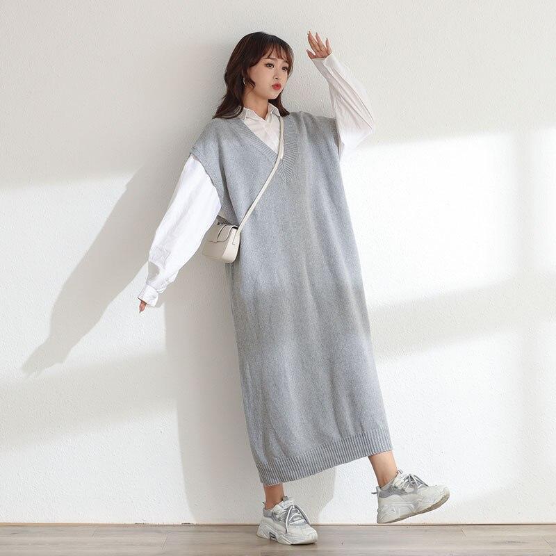 DIMANAF Женское платье-свитер Зима Осень Большой размер Новый вязаный жилет без рукавов с V-образным вырезом Женский базовый однотонный свободный пуловер