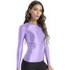 Женский блестящий топ для йоги M-XL: Дышащая футболка с круглым вырезом, длинным рукавом, однотонная, приталенная, для спортивной одежды