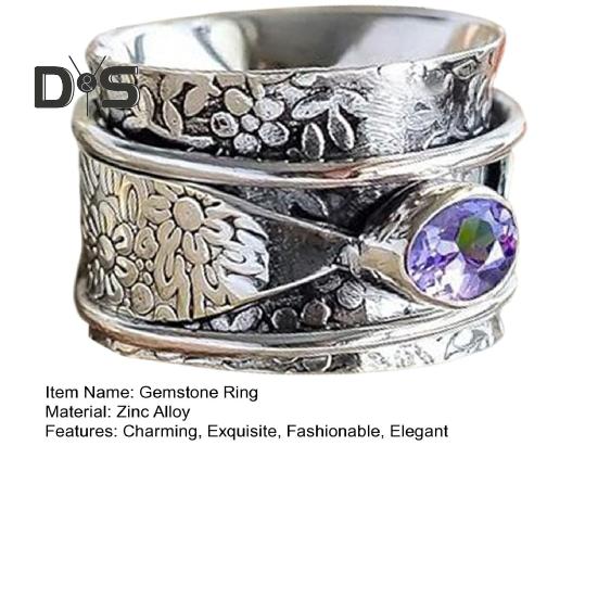 Кольцо для медитации с богемным аметистом, винтажное цветочное вращающееся широкое кольцо с аметистовым камнем, вращающееся кольцо для снятия беспокойства