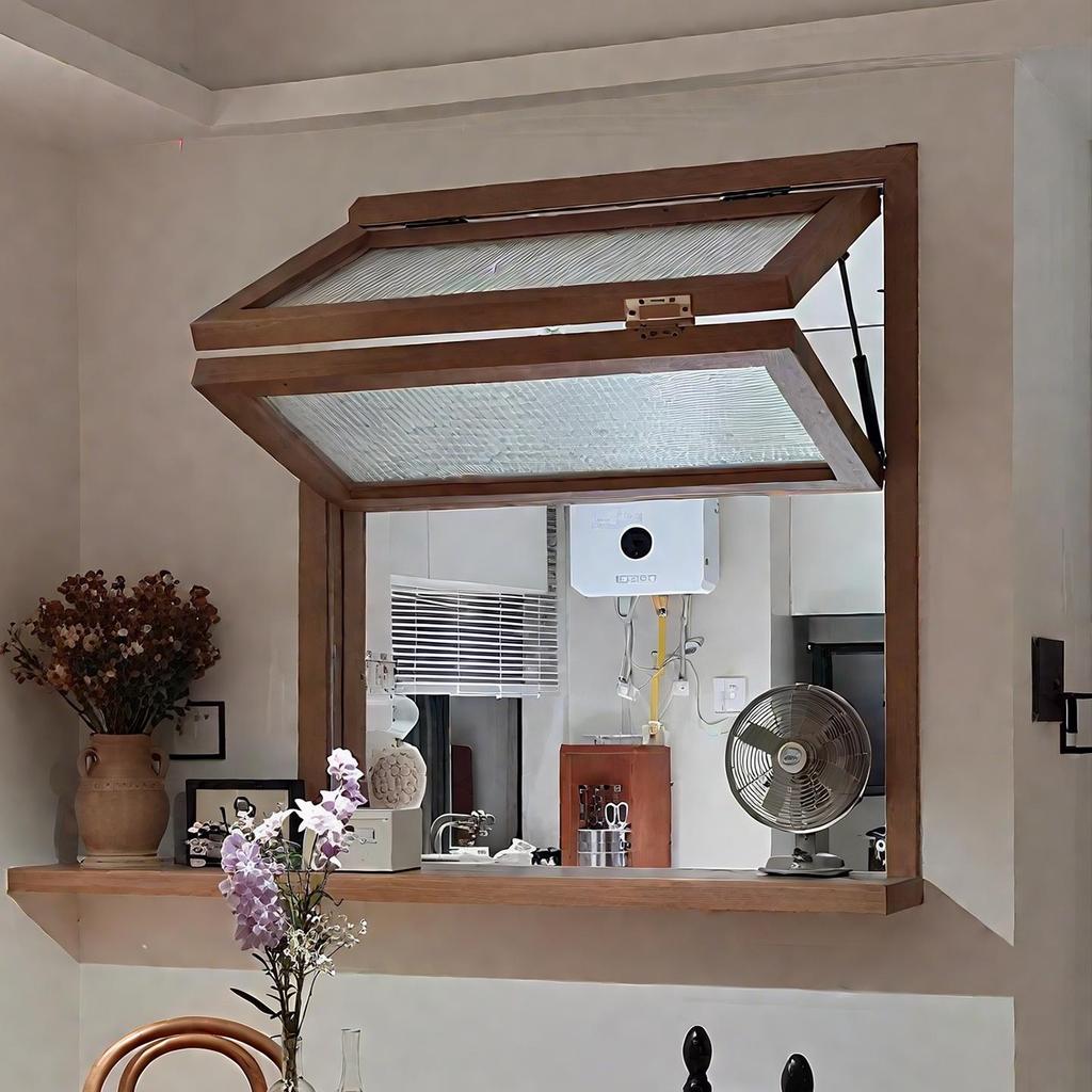 Original Wood Style Folding Sliding Windows with Glass Interior Doors for Kitchen and Coffee Baking.