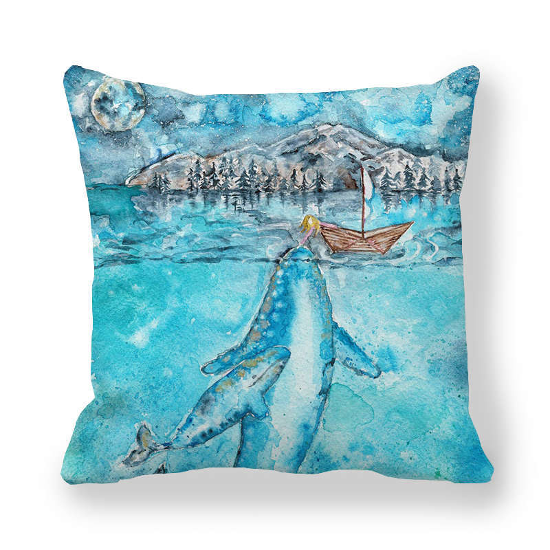 Watercolor Art Of Whale Pattern Digital Printing Short Plush Pillow Covers For Car Sofa Office Cushion Cover Home Goods