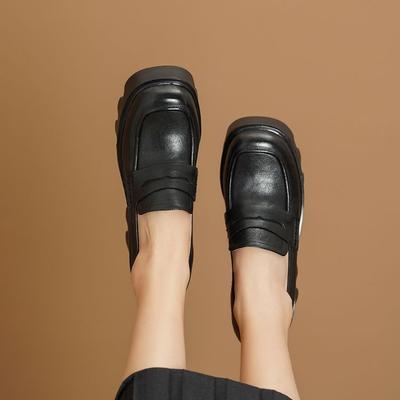 Туфли-лодочки на толстой подошве и толстом каблуке с квадратным носком женские 2025 новые ретро коричневые маленькие кожаные туфли водонепроницаемые туфли на платформе из натуральной кожи