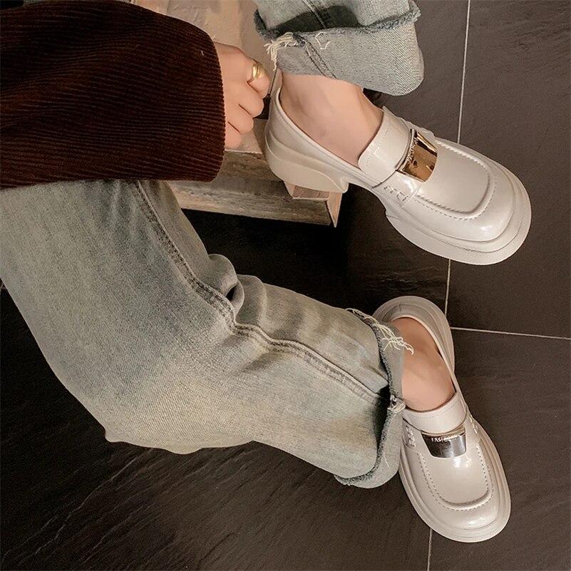 Meotina Женские лоферы из натуральной кожи, туфли-лодочки с круглым носком на платформе и высоком каблуке с металлическими украшениями, женская модная обувь, весна-осень