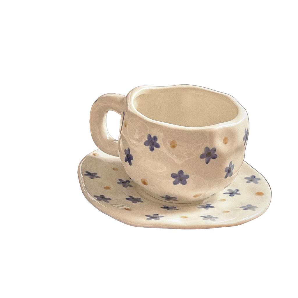 Cute Floral Ceramic Coffee Cups and Plates with High Aesthetic Value, Underglaze Color Hand-painted Cups and Plates
