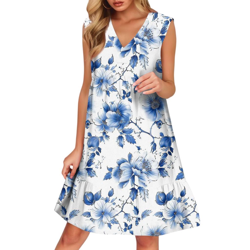 Women's Casual Fashion Breathable V-neck Vest With Pockets Floral Holiday Dress