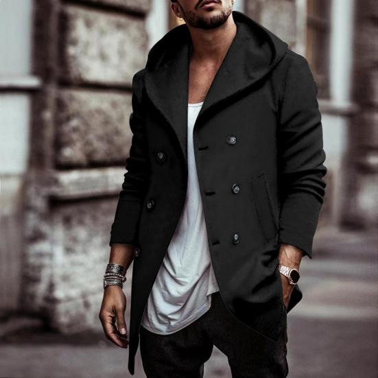 Men Windbreaker Coat Hooded Long Sleeve Solid Color Double-Breasted Jacket with Pockets Autumn Winter Outerwear