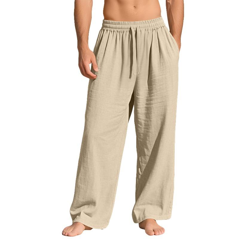Men's Linen Loose Casual Sports Trousers Pocket Tether Solid Color Trendy Business Trousers