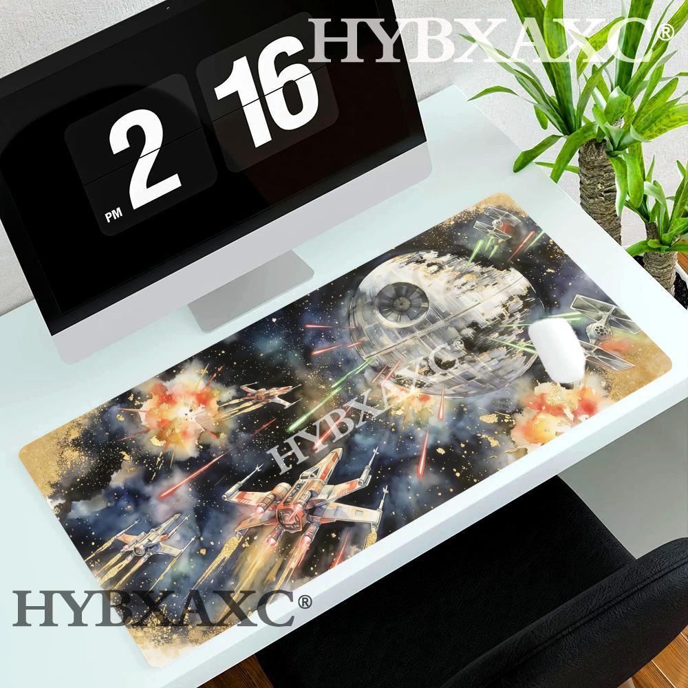 HYBXAXC Aesthetic Watercolor Gold Foil War Death Star Battle Mouse Pad Gaming Desk Mat for PC Space Art Office Pad
