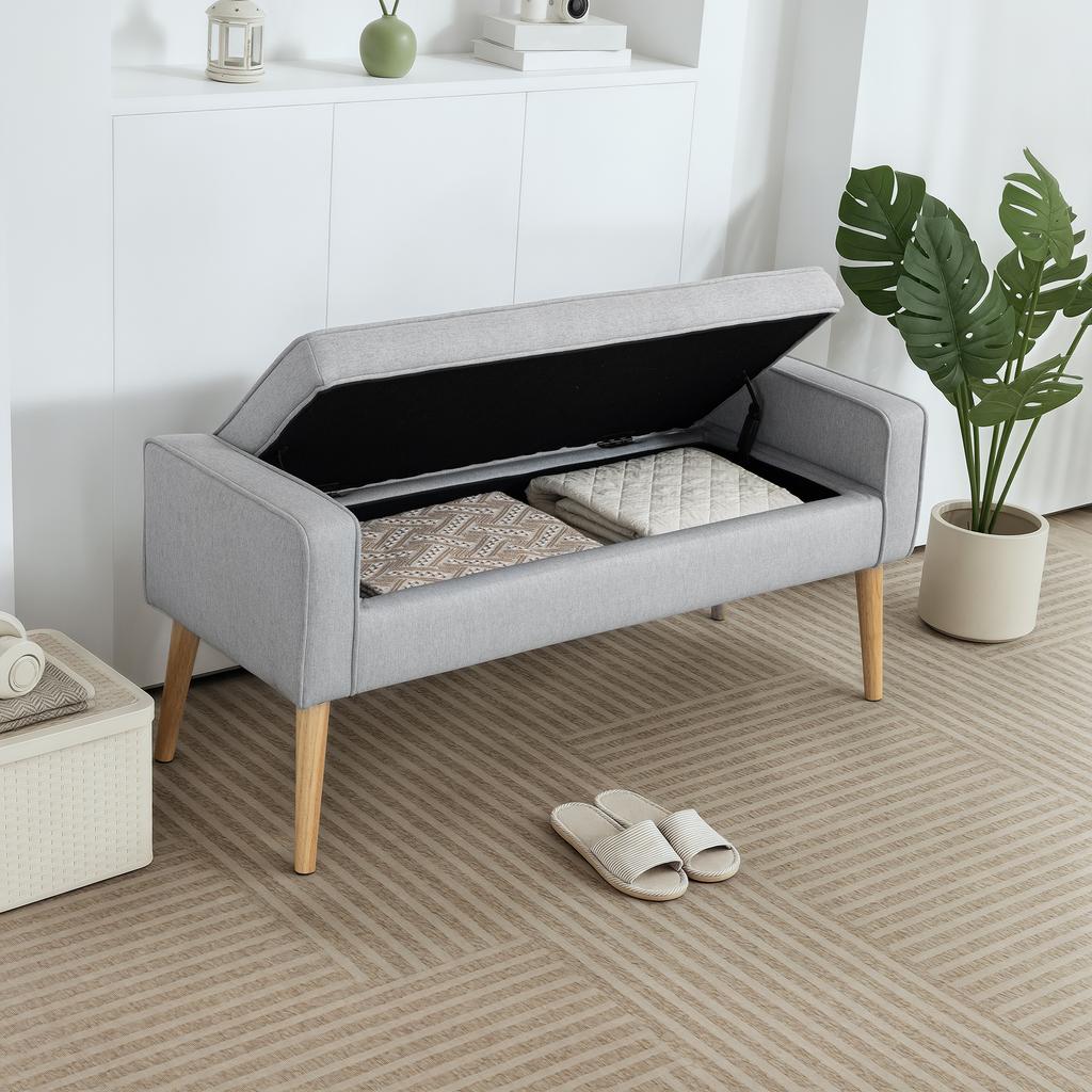 Storage Bench With Hinged Lid And Wooden Legs For Bedroom Living Room Entrance 120x45x54 Cm Light Gray