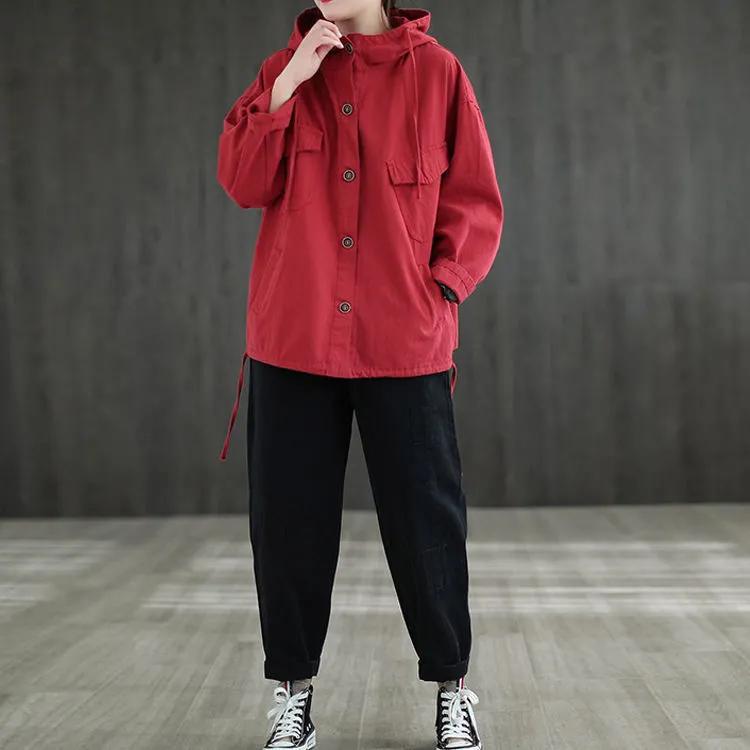 Весна Осень Женские Куртки Большого Размера Оверсайз Куртка с Капюшоном Хлопок Черное Пальто Пальто Красный Черный