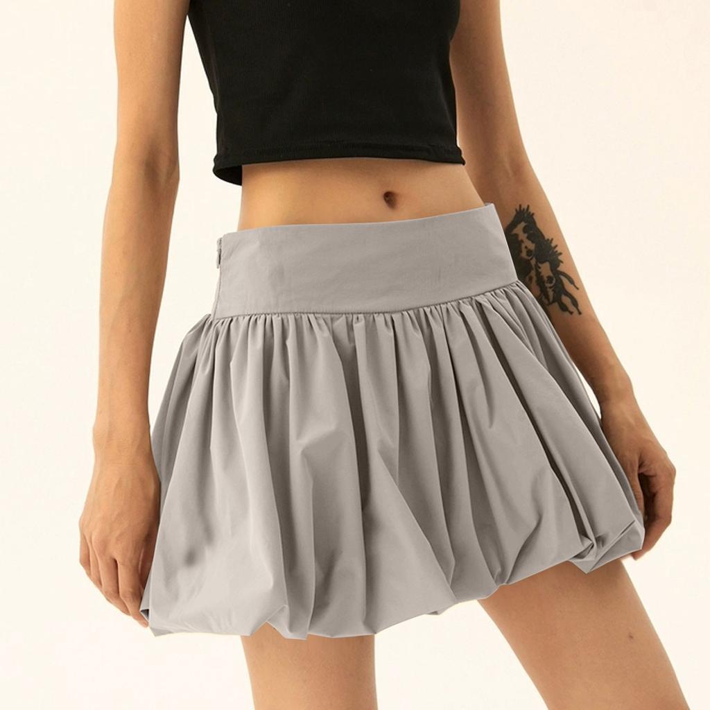 Women's Bubble Skirt Ruffle Hem Pleated Short Skirt High Waist PuffyStreetwear A-Line Flared Skirt