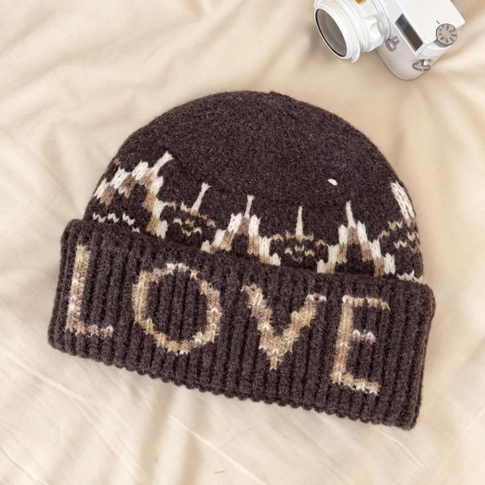 56cm To 58cm Love Letter Jacquard Beanie Face Slimming Warm Thick Winter Hat Outdoor Use