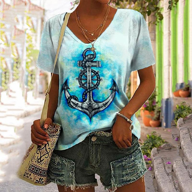 Женские футболки с принтом лодки и якоря, топ, короткий пуловер с рукавами, модная повседневная футболка большого размера с круглым вырезом, женская одежда