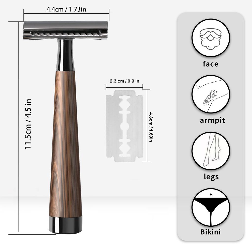 Classic Men's Safety Razor with Wood Grain Handle + 5 Blade Refills - Close Shaving for Wet Shaving Routine, Eco-Friendly Gifts for Men