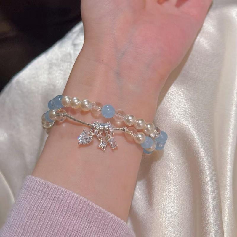 Elegant Pink Crystal Shell Bead Bracelet Women Layering Style Sweet Minimalist Heart Star Charm Copper Jewelry