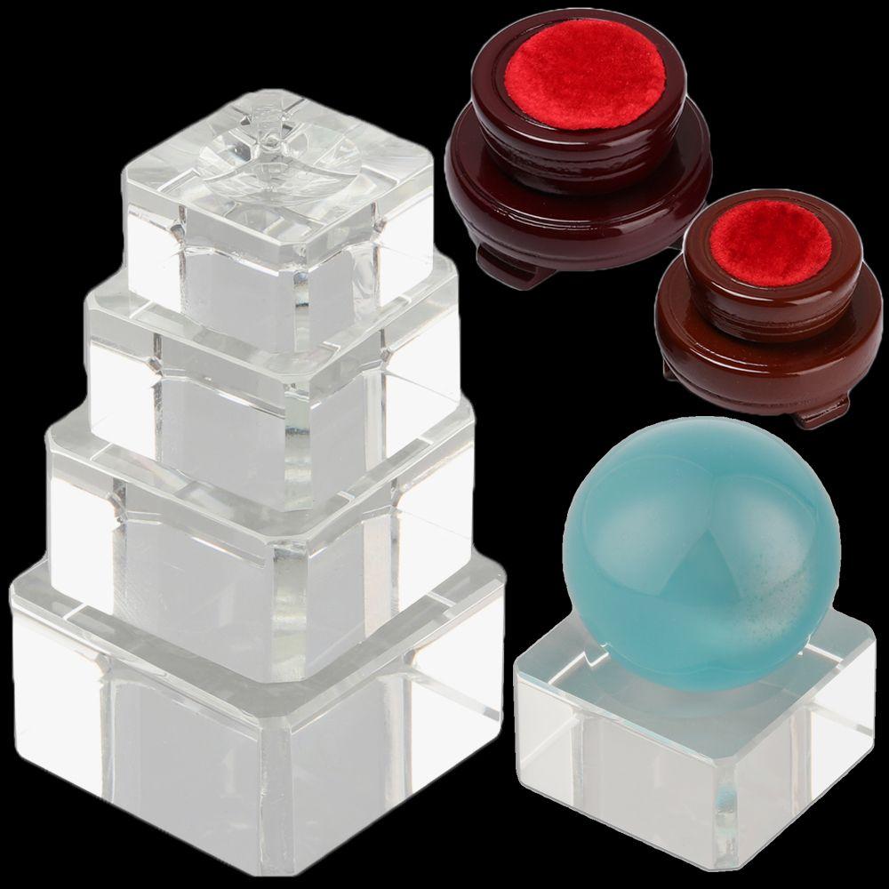 Ornament Home Decoration Square Glass Holder Wood Pedestal Crystal Sphere Base Transparent Support