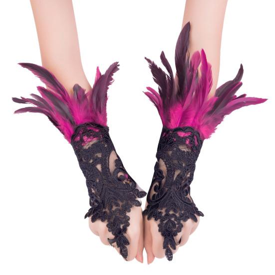 Women's Feather Wrist Cuffs Gothic Lace Feather Long Fingerless Gloves