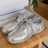 Кожаные серебристые туфли-балетки на шнуровке с круглым носком, женские туфли на платформе, туфли Forrest Gump, детская повседневная спортивная обувь