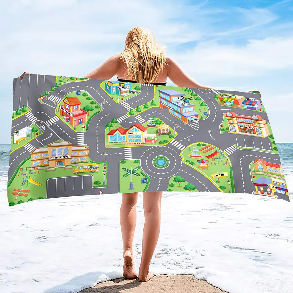 Cartoon Road Traffic Pattern Printing Series Seaside Vacation Beach Towel Swimming Bath Towel