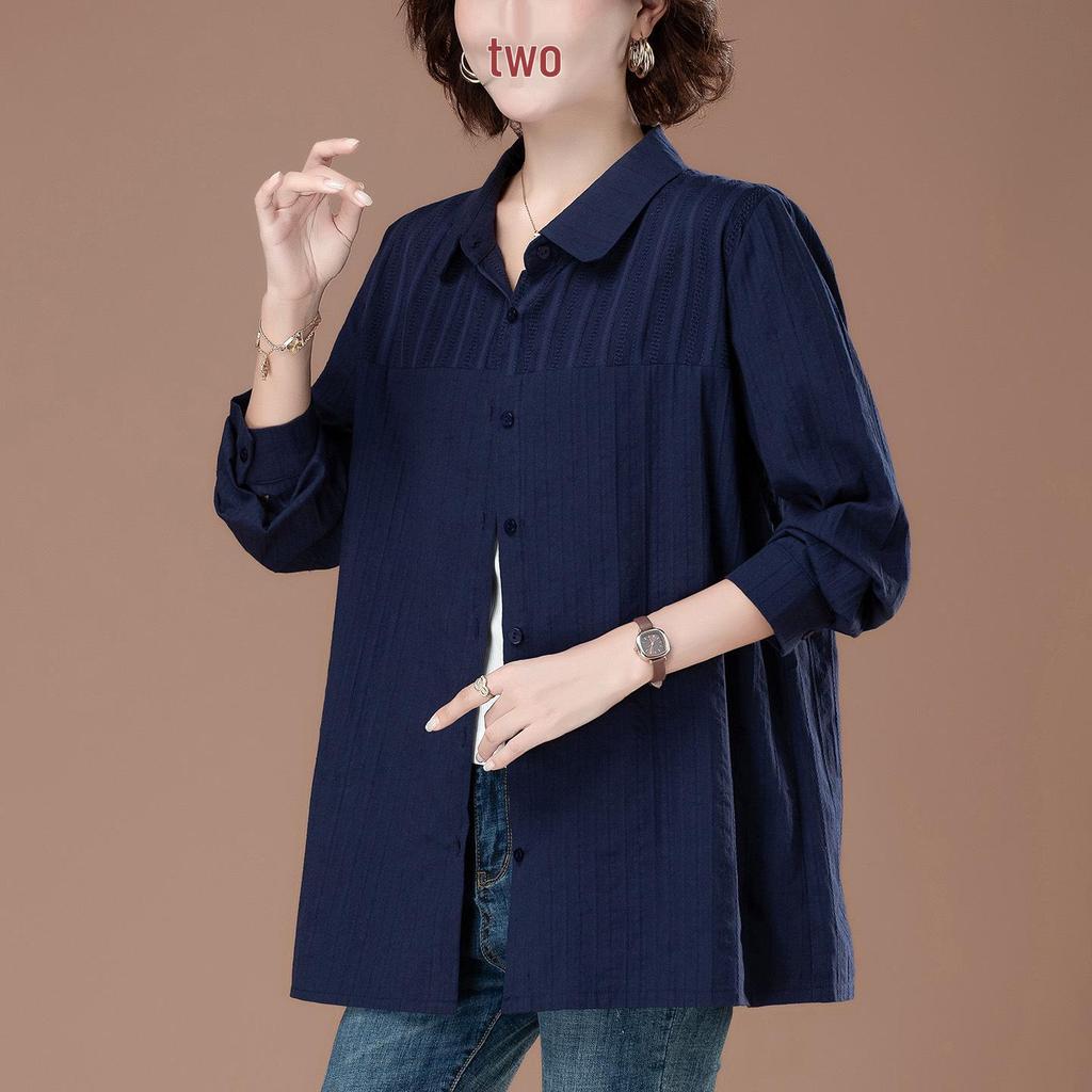 Женская блузка большого размера из чистого хлопка с отложным воротником - Мода ранней осени для мам среднего возраста