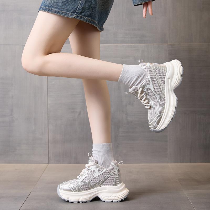 Thick-soled Dad Heightening Shoes Women's 2025 Autumn New Mesh Casual Breathable Sports Shoes Versatile Sports Casual Shoes