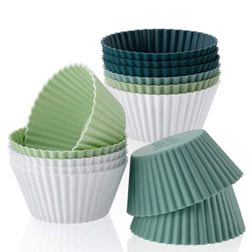 SensaBliss Silicone Cooking Baking Cups, Cupcake Cases, Baking Molds, Oven Safe, Heat Resistant, Durable, Reusable (White, Light Green, Light Blue, In