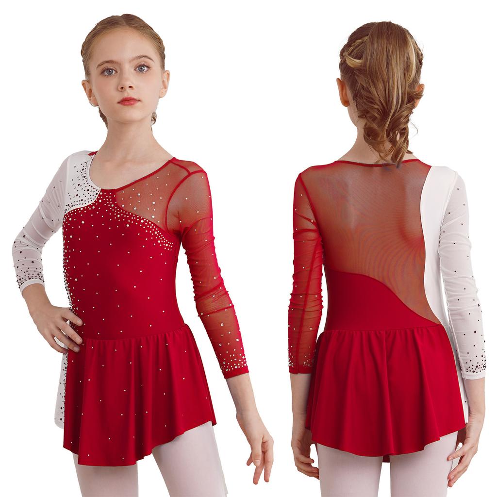 Kids Girls Stylish Dance Wear Long Sleeve Rhinestone Decor Contrast Color Skating Dresses