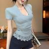 Летние хлопковые сексуальные кружевные футболки, женские футболки с глубоким V-образным вырезом и короткими рукавами, повседневные, тонкие, эластичные, облегающие, y2k, укороченные топы, женская одежда