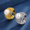 Jewelry Copper Bottom Gold-Plated Bead Light Gold White Pearl Retro Hollow Diamond Ring 10Mm
