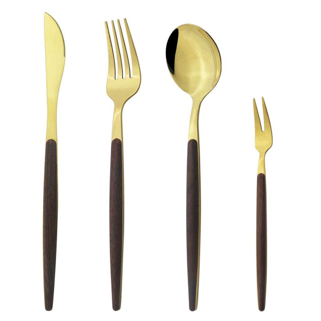 4 шт. золотой набор столовых приборов из нержавеющей стали, посуда с деревянной ручкой, глянцевый нож, вилка, ложка, набор кухонных столовых приборов в западном стиле