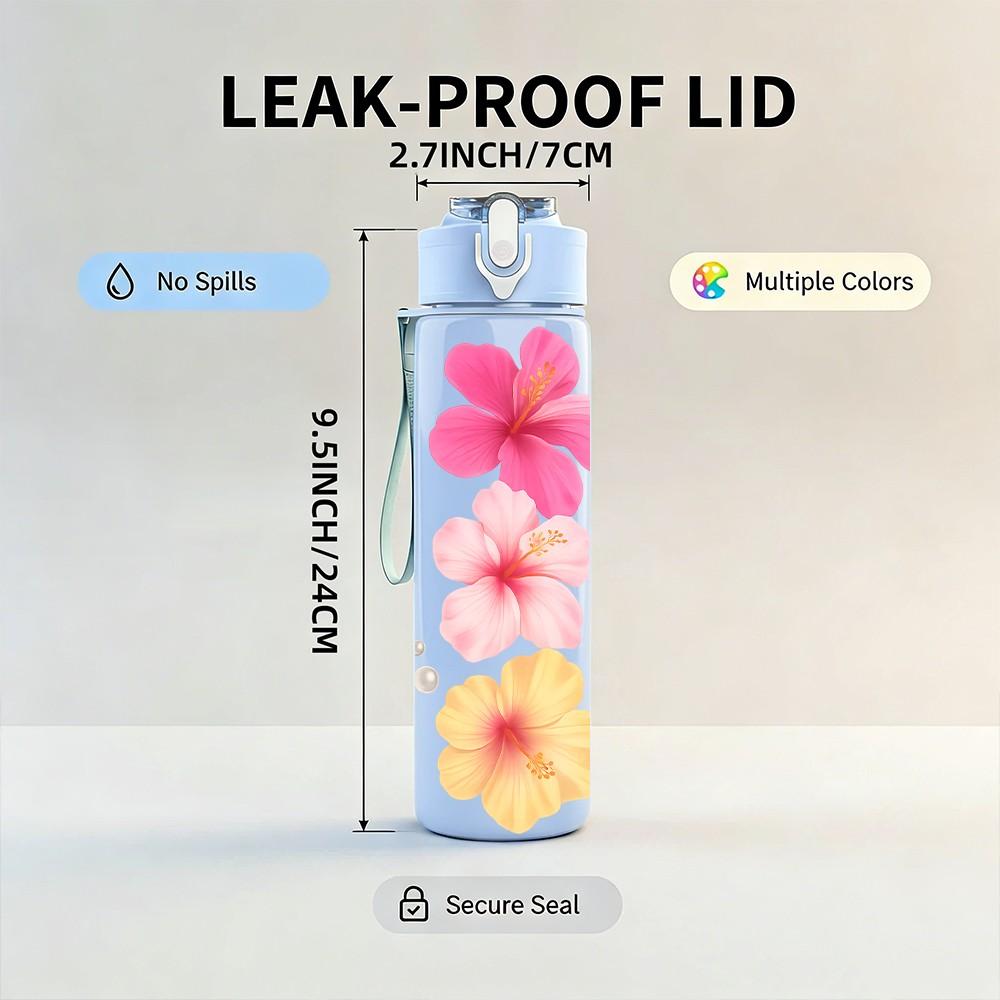 1PC Plumeria Flower Illustration 750ml Color Plastic Sports Water Bottle Leakproof Flip Straw Lid Suitable for Sports Office Home Use