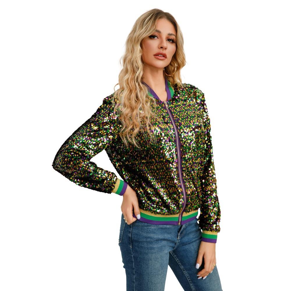 Colour Blocking Sequins Fashion Spring and Autumn Women's Short Baseball Jacket