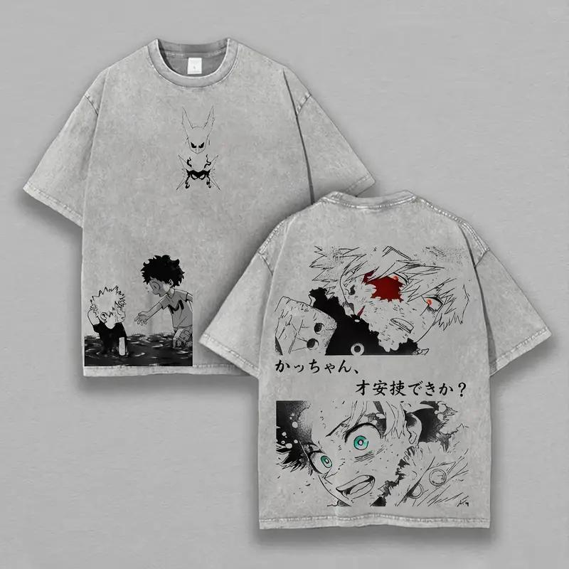 My Hero Academia Bakugou Katsuki Midoriya Izuku Printed Tee Men Women Retro Washed T-shirts Loose Cotton T Shirt Harajuku Tshirt