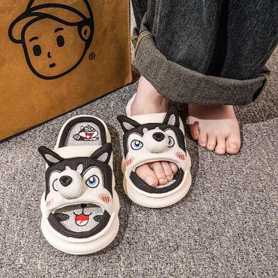 Женские летние льняные тапочки с рисунком - для дома, на толстой подошве, весна/осень, хлопок и лен - уютные тапочки для пола