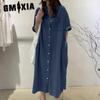 Весна/лето Женские рубашки с воротником-стойкой Джинсовые повседневные платья Длинные платья
