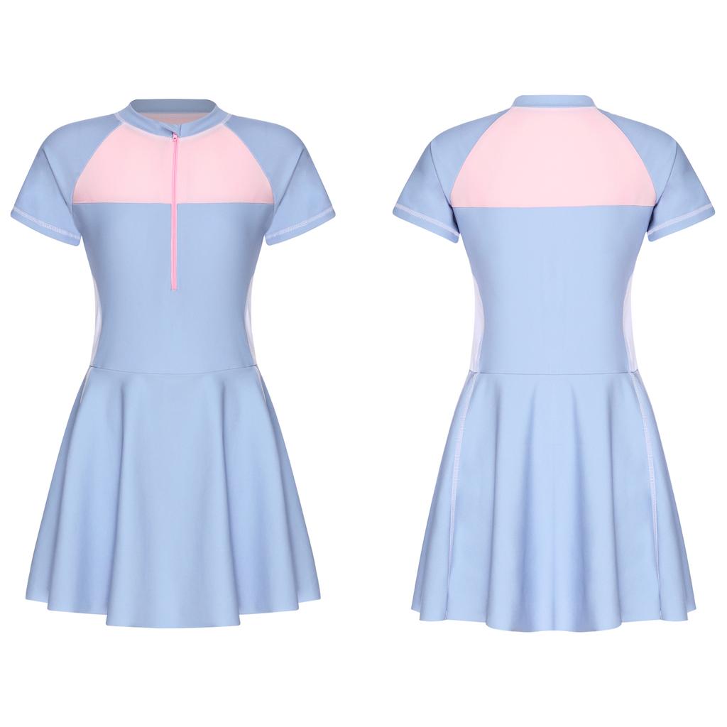 Подростковое купальное платье с короткими рукавами, цветной блок, пэчворк, на молнии спереди, рашгард, купальник, защита от УФ-лучей