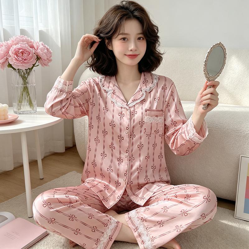 High-end new sweet bow polka dot ice silk cool pajamas women's loungewear long-sleeved trousers two-piece set