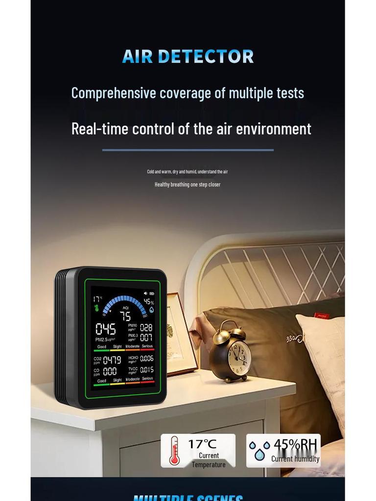 AirGuard 10-in-1 Home Monitor: Detects Formaldehyde, CO2, PM2.5, CO, Temperature & Humidity.