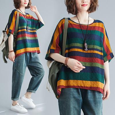 Летние женские футболки больших размеров с коротким рукавом, свободные винтажные повседневные лоскутные цветочные рубашки из хлопка и льна