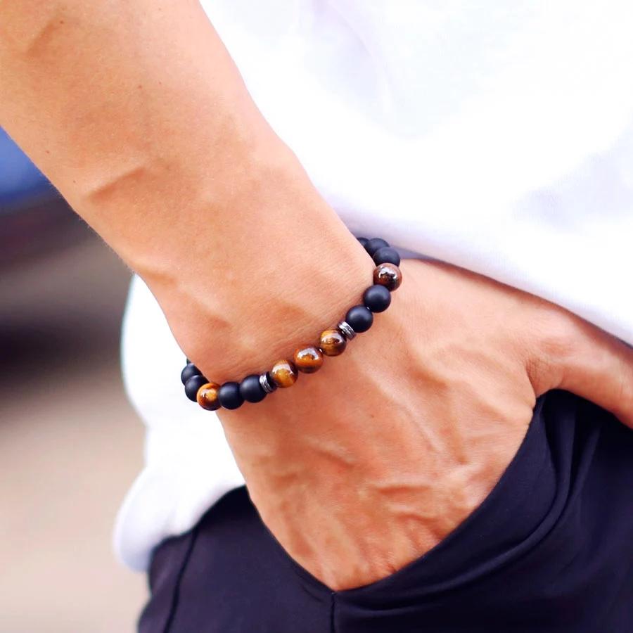 Мужской браслет ручной работы 8 мм Оникс Тигровый глаз Камень Бисерный браслет Гематит Лечебный браслет Подарок Мужчине Аксессуары для отдыха