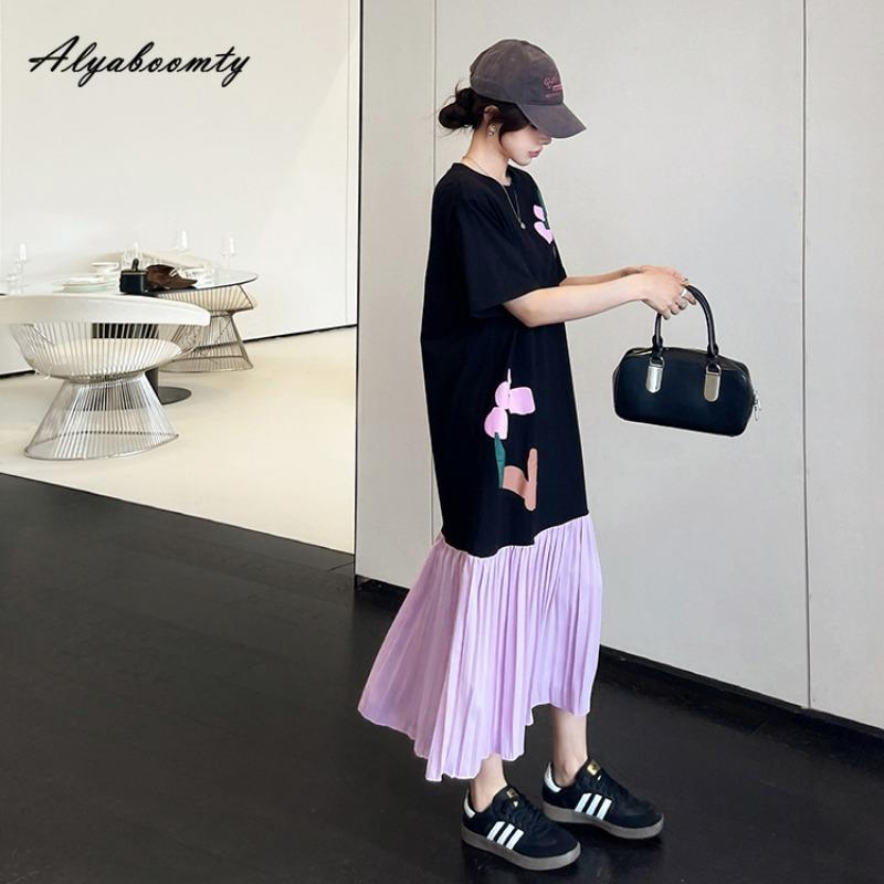 Korean Fashion Plus Size Summer Women Feminine Dress Brief O Neck Contrast Color Print Dress Short Sleeve Pleated Midi Oversized Dress