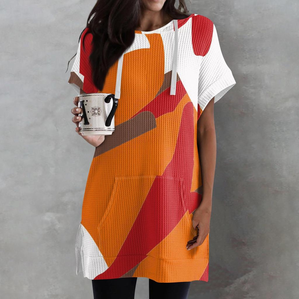 Женские свободные рубашки с принтом, толстовки с короткими рукавами и шнурком, вязаная туника с боковыми разрезами, топы с капюшоном и карманом