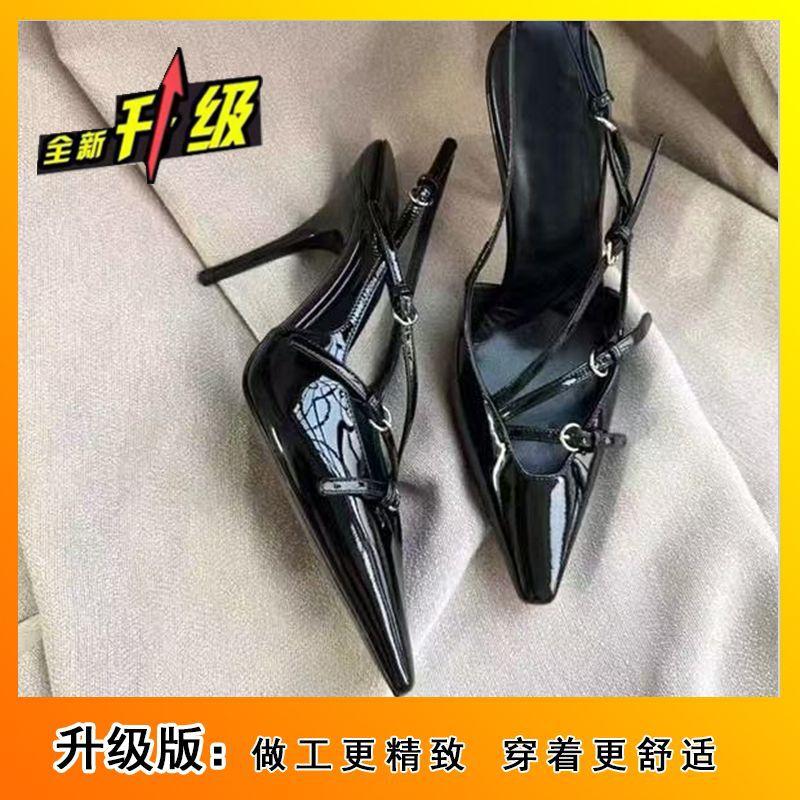 Лакированная кожа тонкий каблук французские высокие каблуки нишевый дизайн 2025 знаменитость слово с сумкой голова сандалии пустые одинарные туфли женские