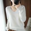 Korean Style V-Neck Long Sleeve Knitted Sweater for Women - Autumn/Winter Solid Color Loose Fit Pullover Top