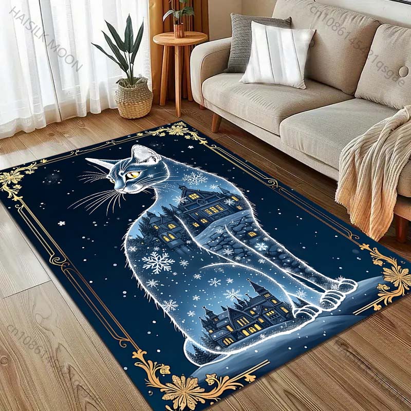 Cat Snowflake Castle Retro Pattern Carpet for Living Room Bedroom Bedside Sofa Table Floor Mat Home Area Rug Decor for Gifts