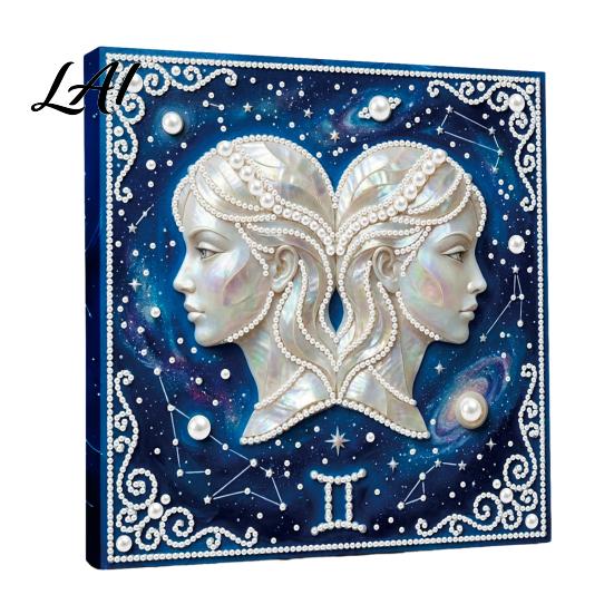 Handmade Faux Pearl Painting Kit DIY Kit 12 Zodiac Signs Rhinestone Art Set for with Wooden Frame Adults Beginners Fake Wall Decoration